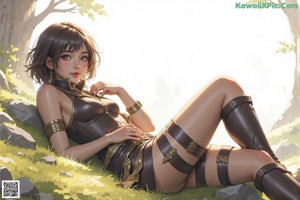 A woman standing in the middle of a forest holding a sword.