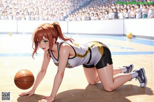 A woman in a basketball uniform holding a basketball in front of a crowd.